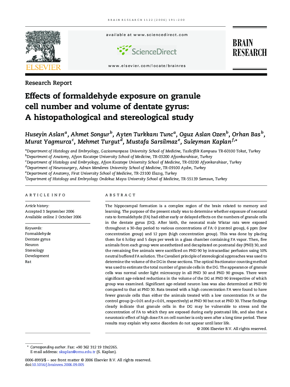 Effects of formaldehyde exposure on granule cell number and volume of dentate gyrus: A histopathological and stereological study