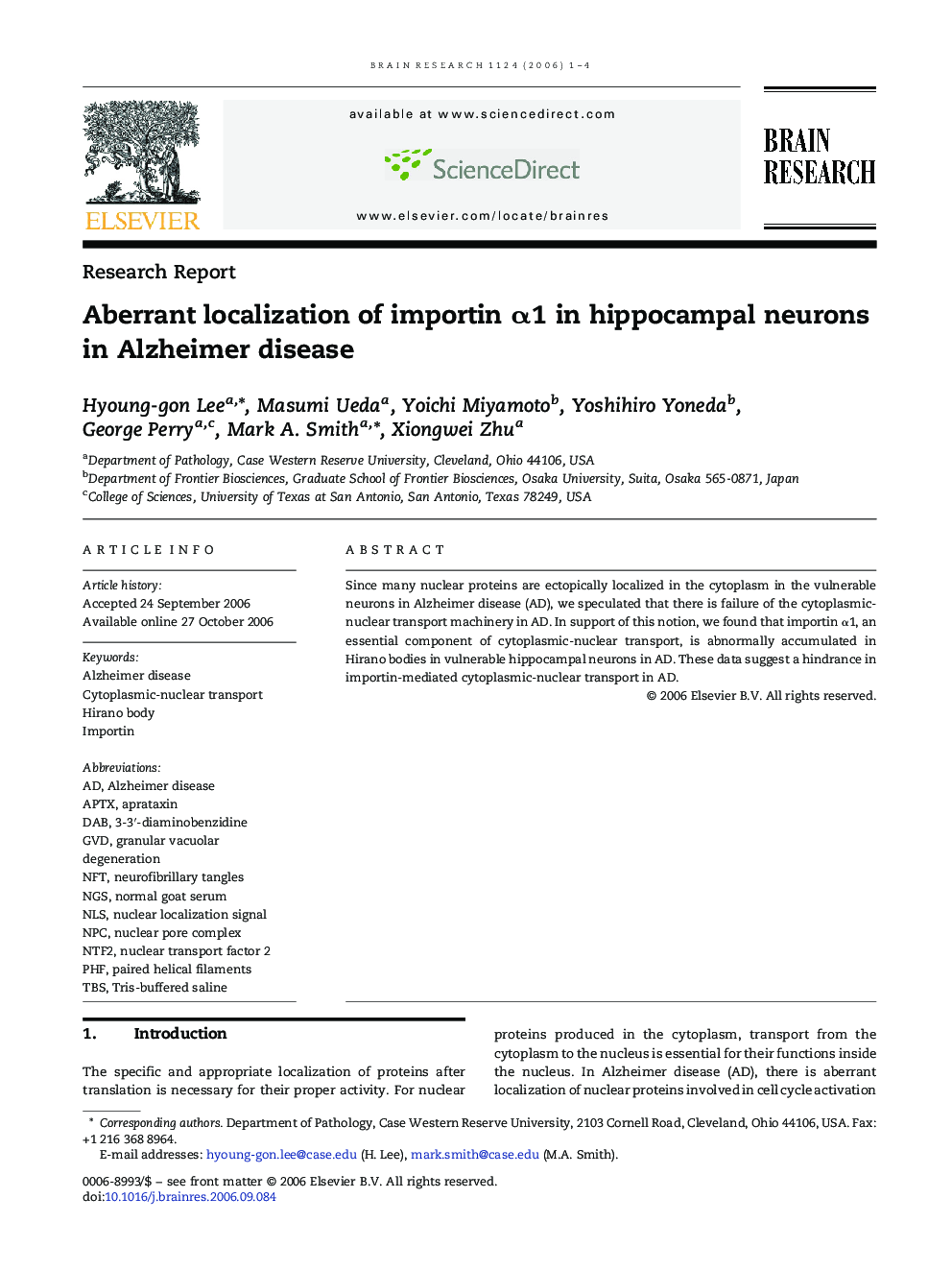 Aberrant localization of importin α1 in hippocampal neurons in Alzheimer disease