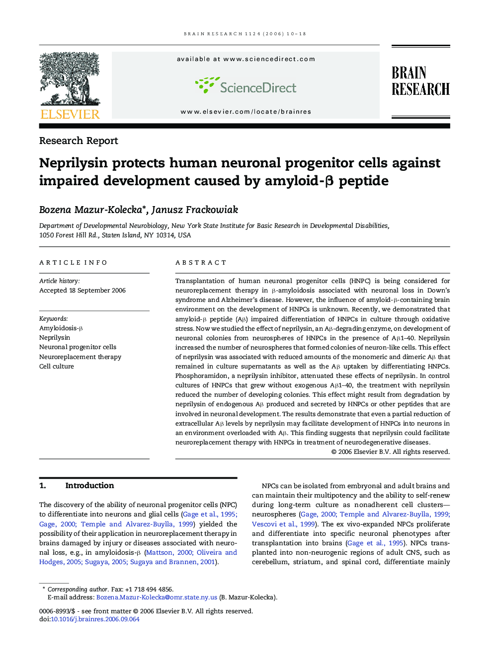 Neprilysin protects human neuronal progenitor cells against impaired development caused by amyloid-Î² peptide