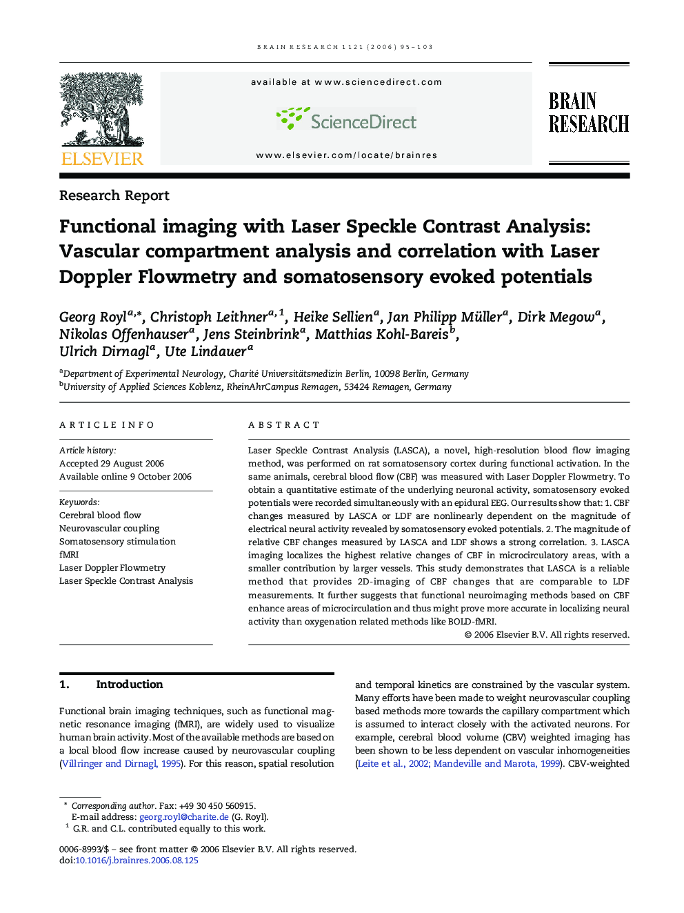 Functional imaging with Laser Speckle Contrast Analysis: Vascular compartment analysis and correlation with Laser Doppler Flowmetry and somatosensory evoked potentials