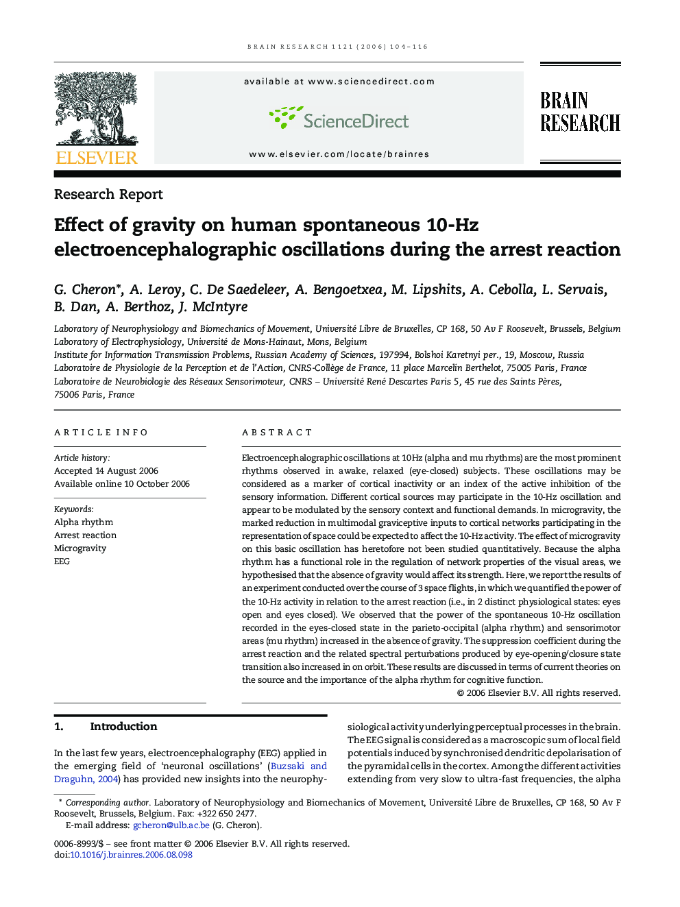 Effect of gravity on human spontaneous 10-Hz electroencephalographic oscillations during the arrest reaction