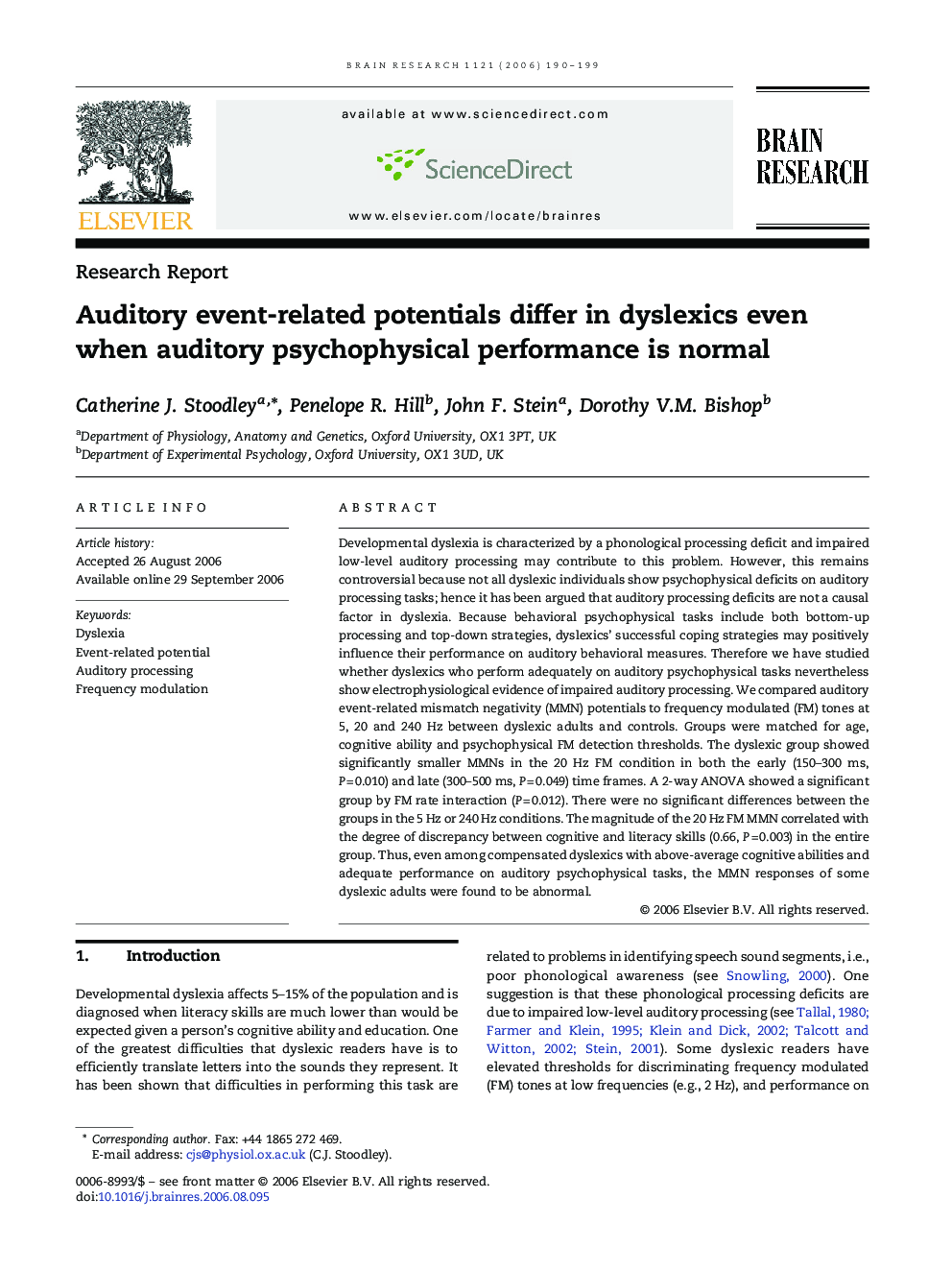 Auditory event-related potentials differ in dyslexics even when auditory psychophysical performance is normal