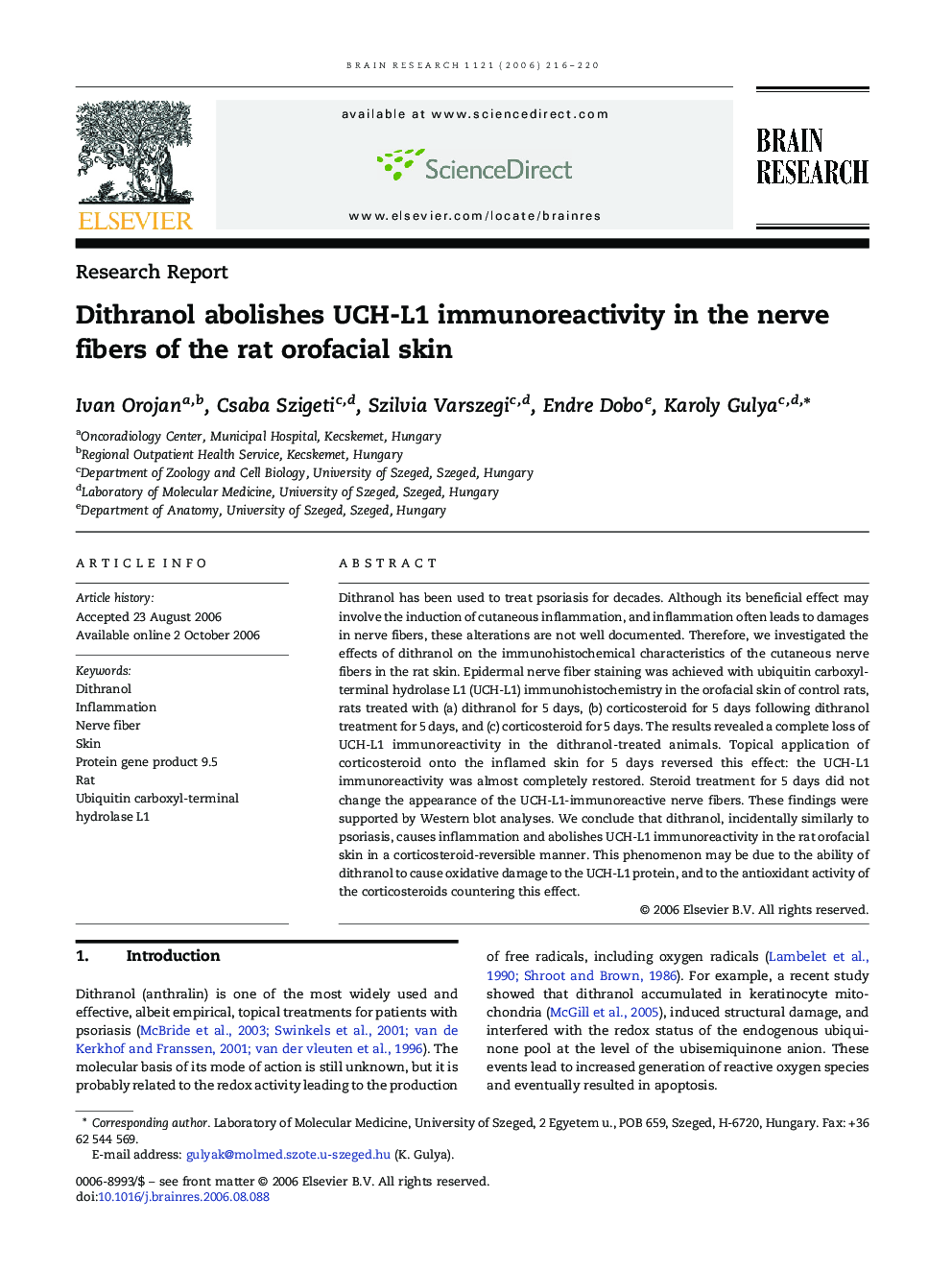 Dithranol abolishes UCH-L1 immunoreactivity in the nerve fibers of the rat orofacial skin