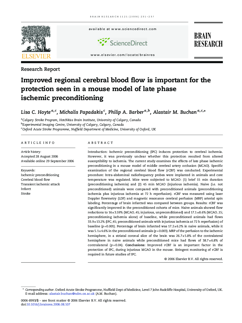 عکس صفحه اول مقاله: Improved regional cerebral blood flow is important for the protection seen in a mouse model of late phase ischemic preconditioning Improved regional cerebral blood flow is important for the protection seen in a mouse model of late phase ischemic preconditioning