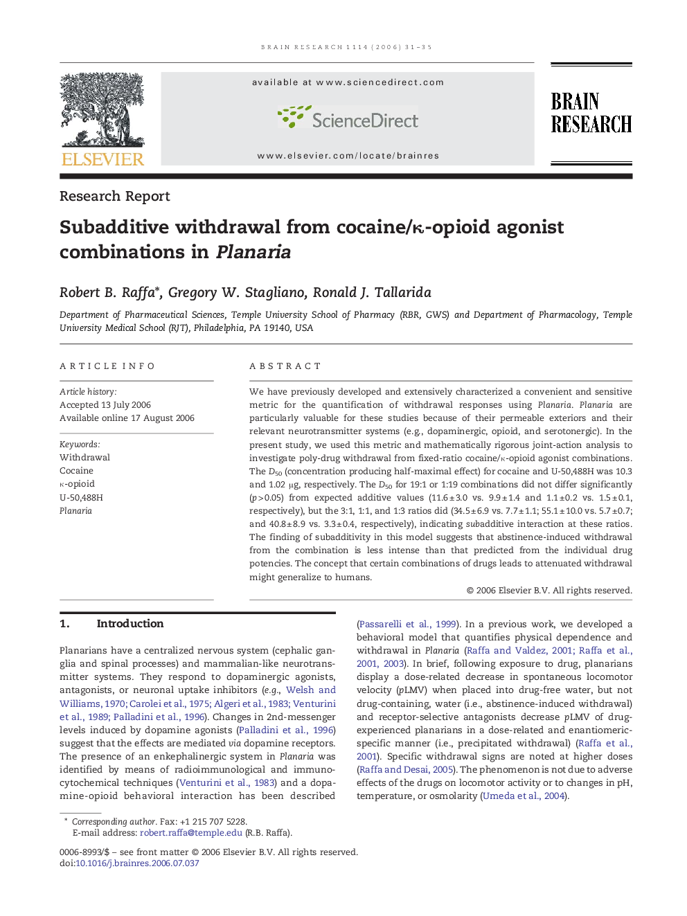 Subadditive withdrawal from cocaine/κ-opioid agonist combinations in Planaria