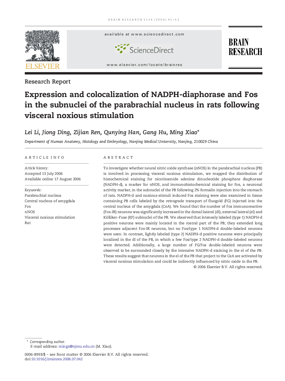 Expression and colocalization of NADPH-diaphorase and Fos in the subnuclei of the parabrachial nucleus in rats following visceral noxious stimulation