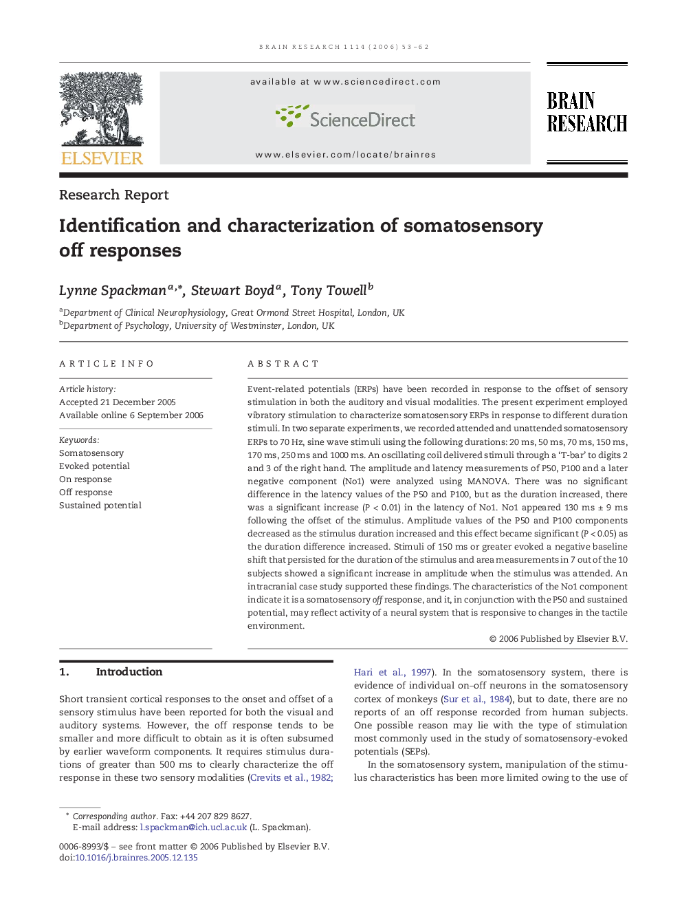 Identification and characterization of somatosensory off responses