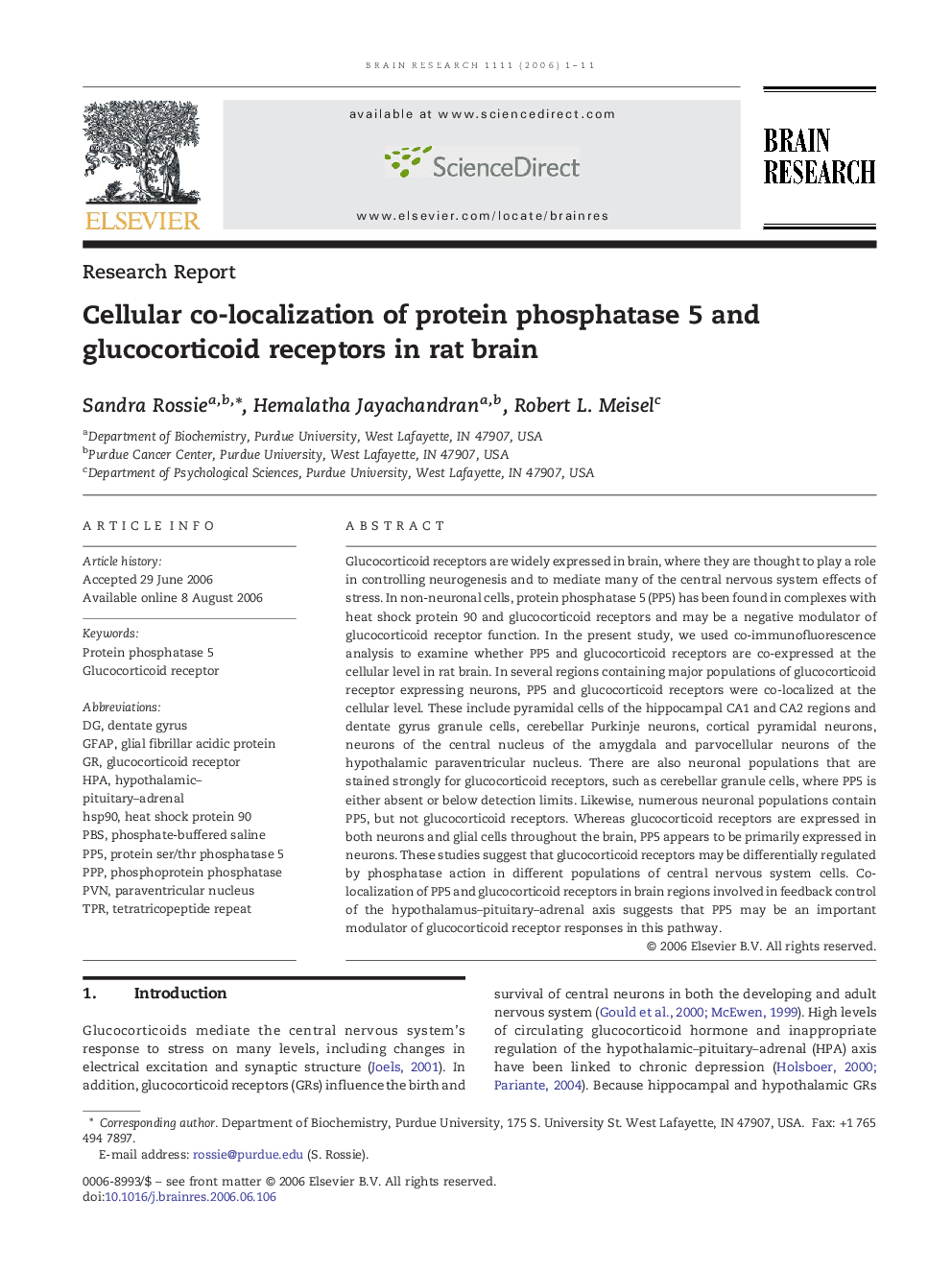 Cellular co-localization of protein phosphatase 5 and glucocorticoid receptors in rat brain