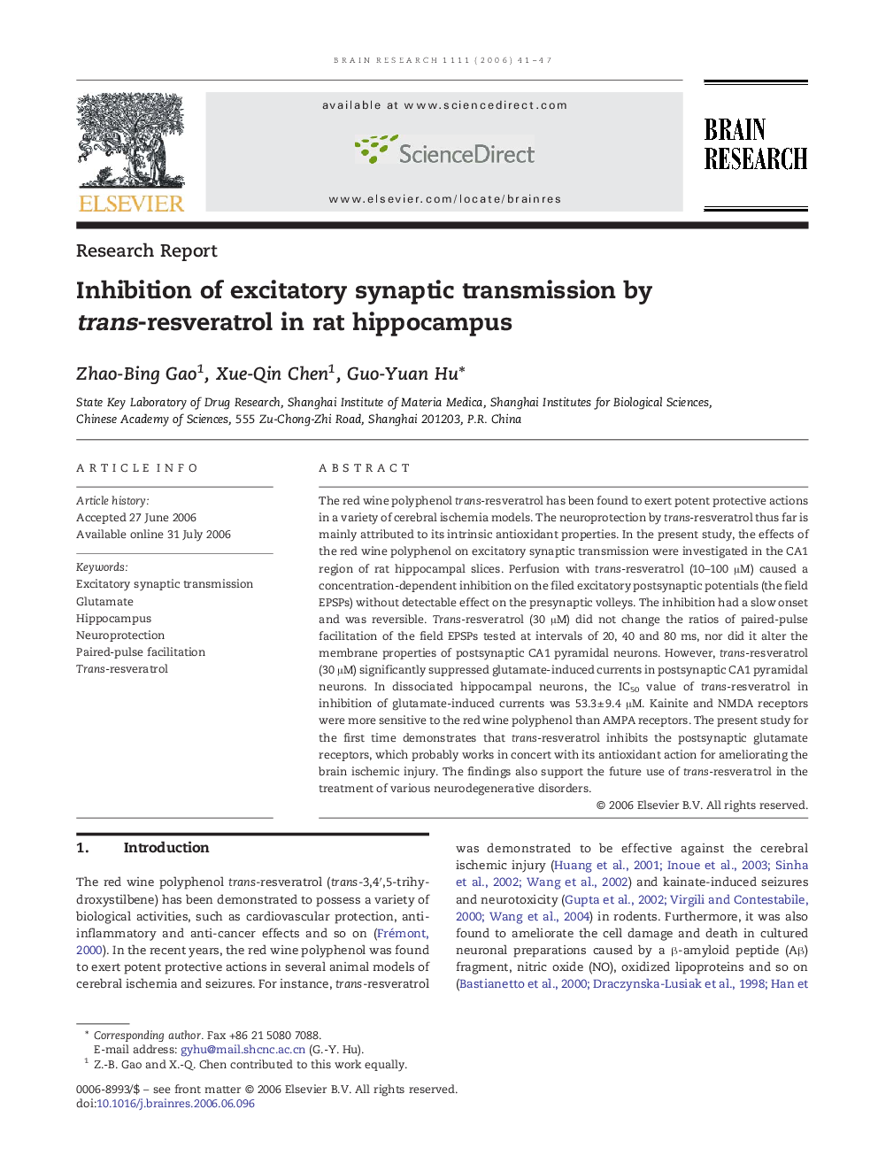 Inhibition of excitatory synaptic transmission by trans-resveratrol in rat hippocampus