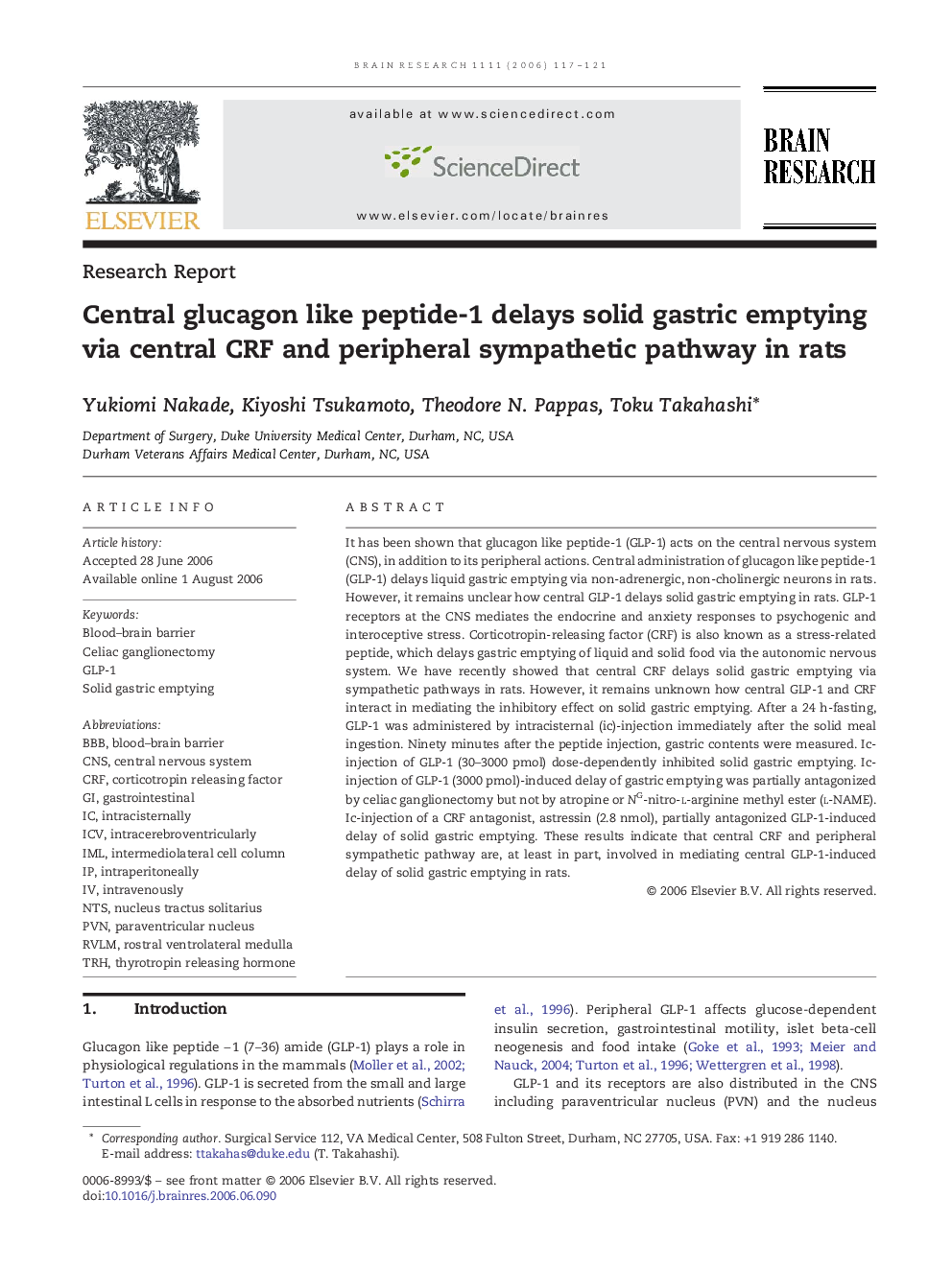 Central glucagon like peptide-1 delays solid gastric emptying via central CRF and peripheral sympathetic pathway in rats