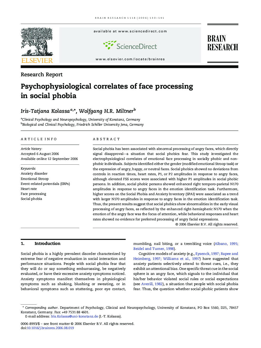 Psychophysiological correlates of face processing in social phobia