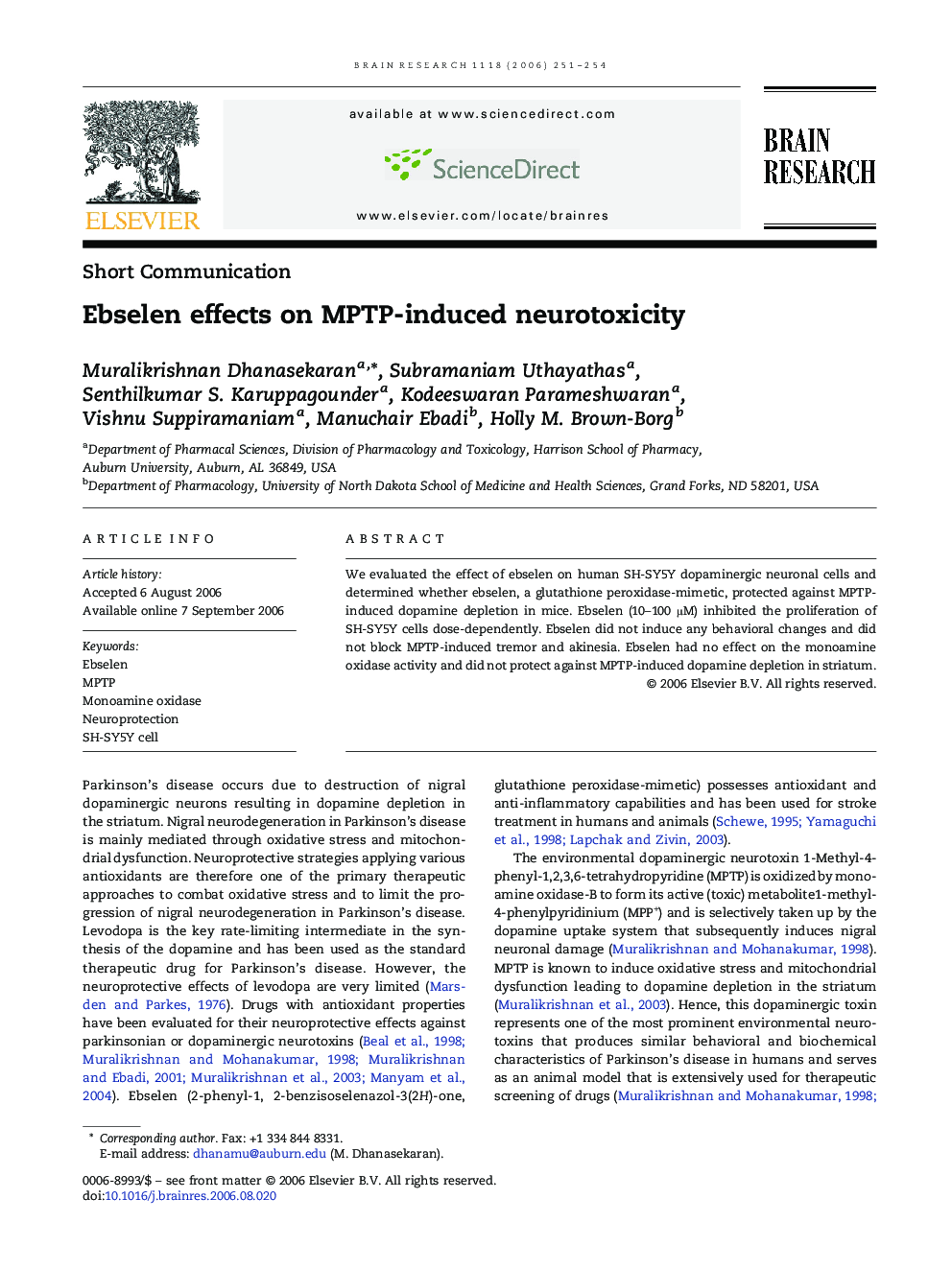 Ebselen effects on MPTP-induced neurotoxicity