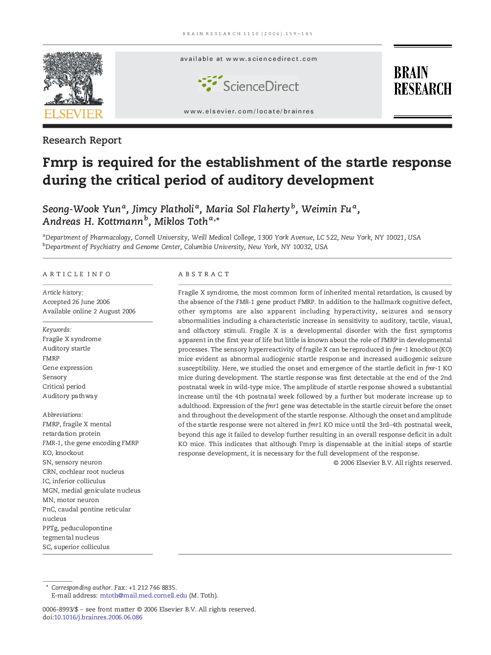 Fmrp is required for the establishment of the startle response during the critical period of auditory development