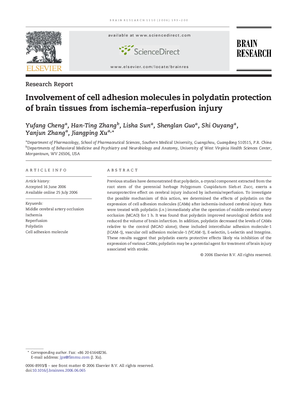 Involvement of cell adhesion molecules in polydatin protection of brain tissues from ischemia–reperfusion injury