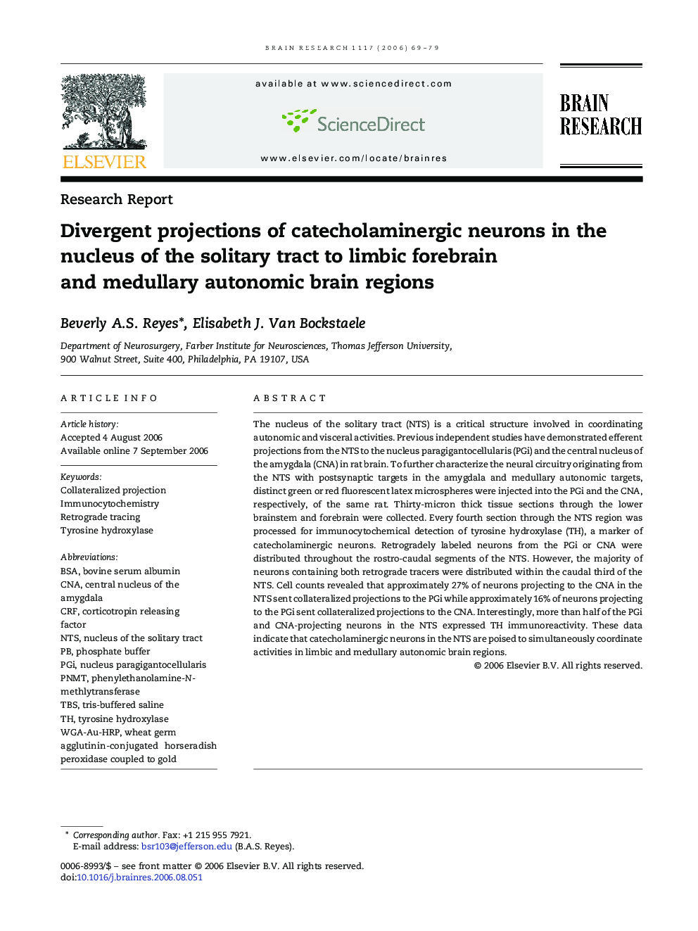 Divergent projections of catecholaminergic neurons in the nucleus of the solitary tract to limbic forebrain and medullary autonomic brain regions