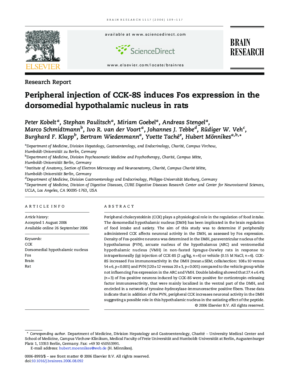 Peripheral injection of CCK-8S induces Fos expression in the dorsomedial hypothalamic nucleus in rats