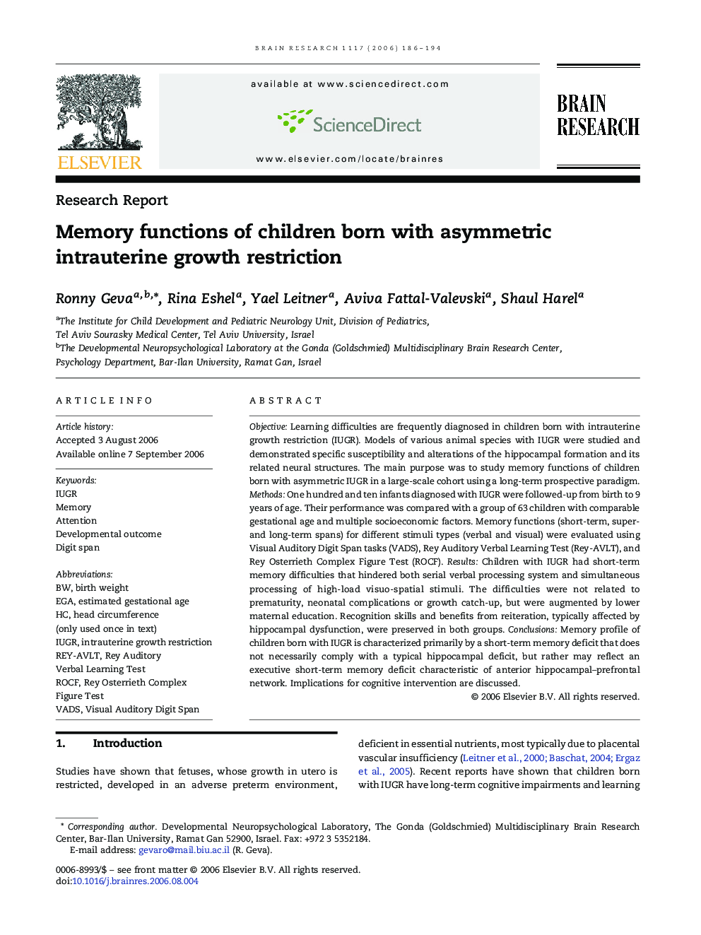 Memory functions of children born with asymmetric intrauterine growth restriction