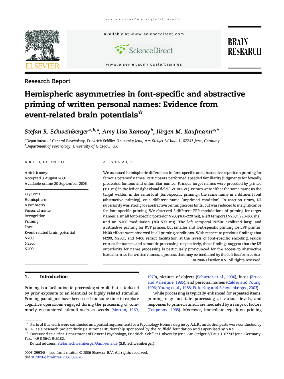 Hemispheric asymmetries in font-specific and abstractive priming of written personal names: Evidence from event-related brain potentials 