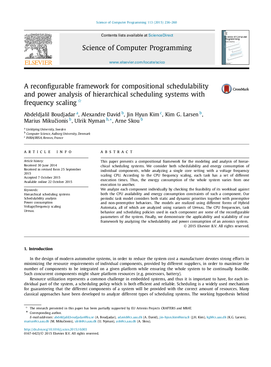 A reconfigurable framework for compositional schedulability and power analysis of hierarchical scheduling systems with frequency scaling 