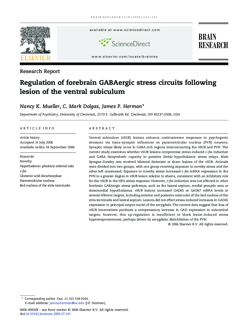 Regulation of forebrain GABAergic stress circuits following lesion of the ventral subiculum