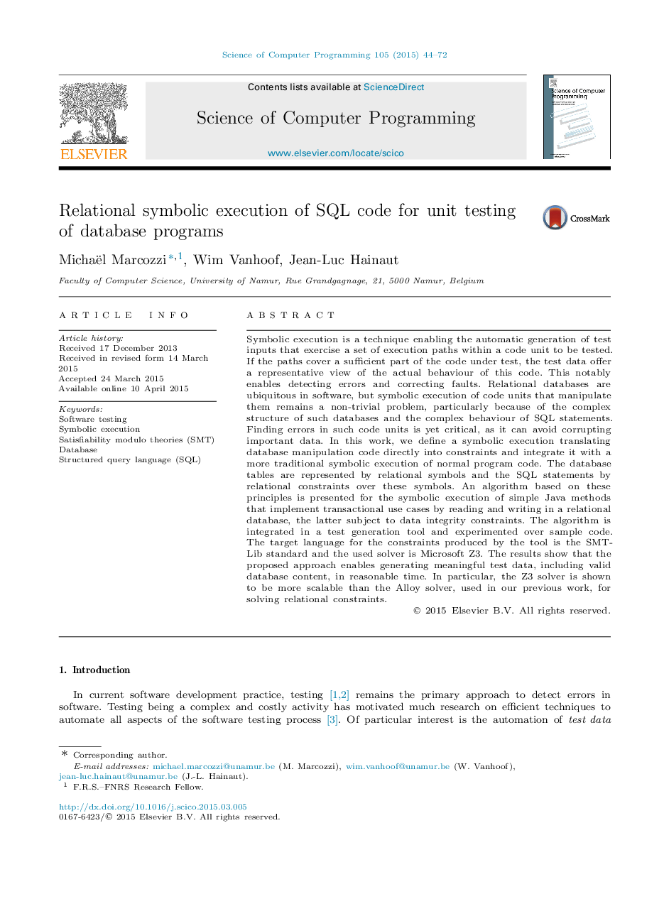 Relational symbolic execution of SQL code for unit testing of database programs