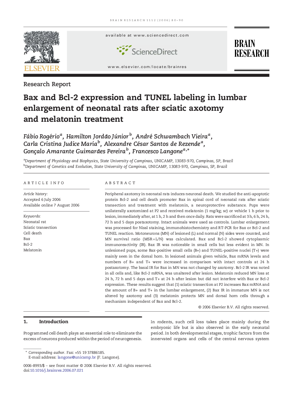 Bax and Bcl-2 expression and TUNEL labeling in lumbar enlargement of neonatal rats after sciatic axotomy and melatonin treatment