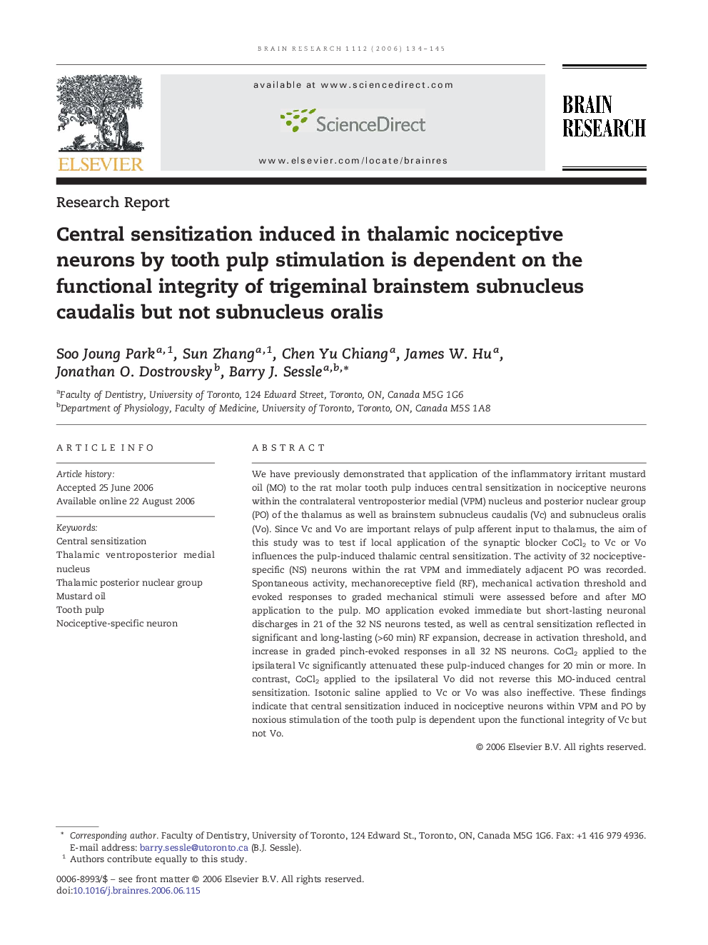 Central sensitization induced in thalamic nociceptive neurons by tooth pulp stimulation is dependent on the functional integrity of trigeminal brainstem subnucleus caudalis but not subnucleus oralis