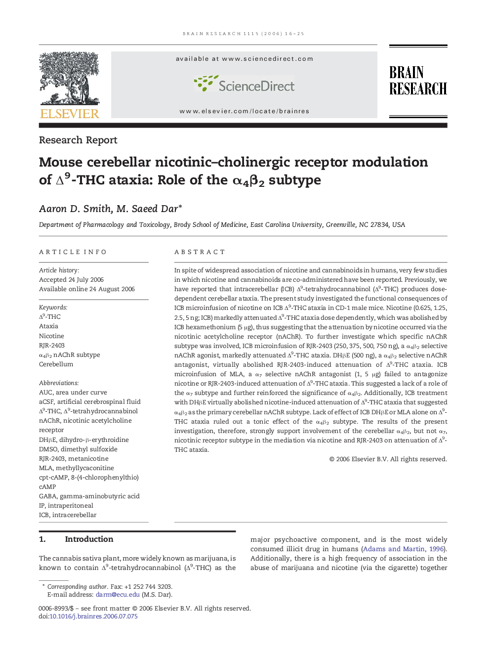 Mouse cerebellar nicotinic–cholinergic receptor modulation of Δ9-THC ataxia: Role of the α4β2 subtype