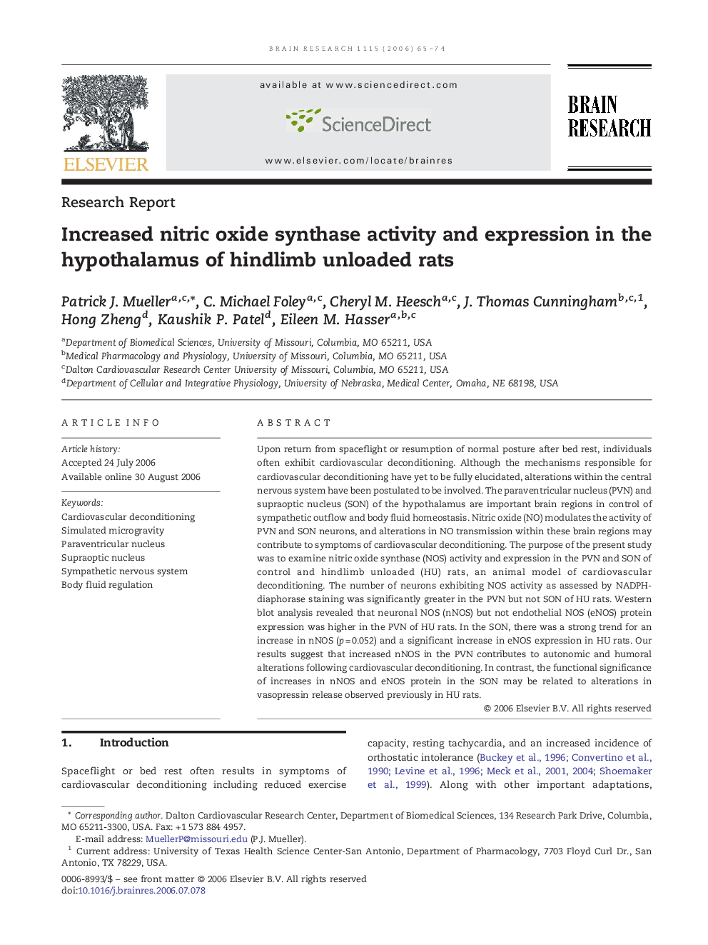 Increased nitric oxide synthase activity and expression in the hypothalamus of hindlimb unloaded rats