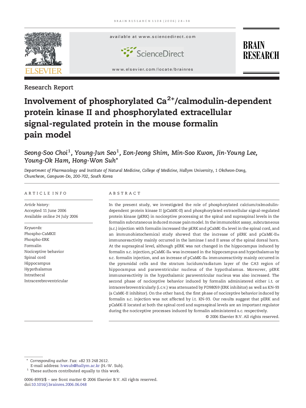 Involvement of phosphorylated Ca2+/calmodulin-dependent protein kinase II and phosphorylated extracellular signal-regulated protein in the mouse formalin pain model