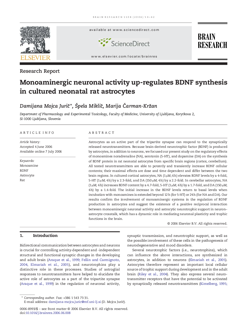 Monoaminergic neuronal activity up-regulates BDNF synthesis in cultured neonatal rat astrocytes