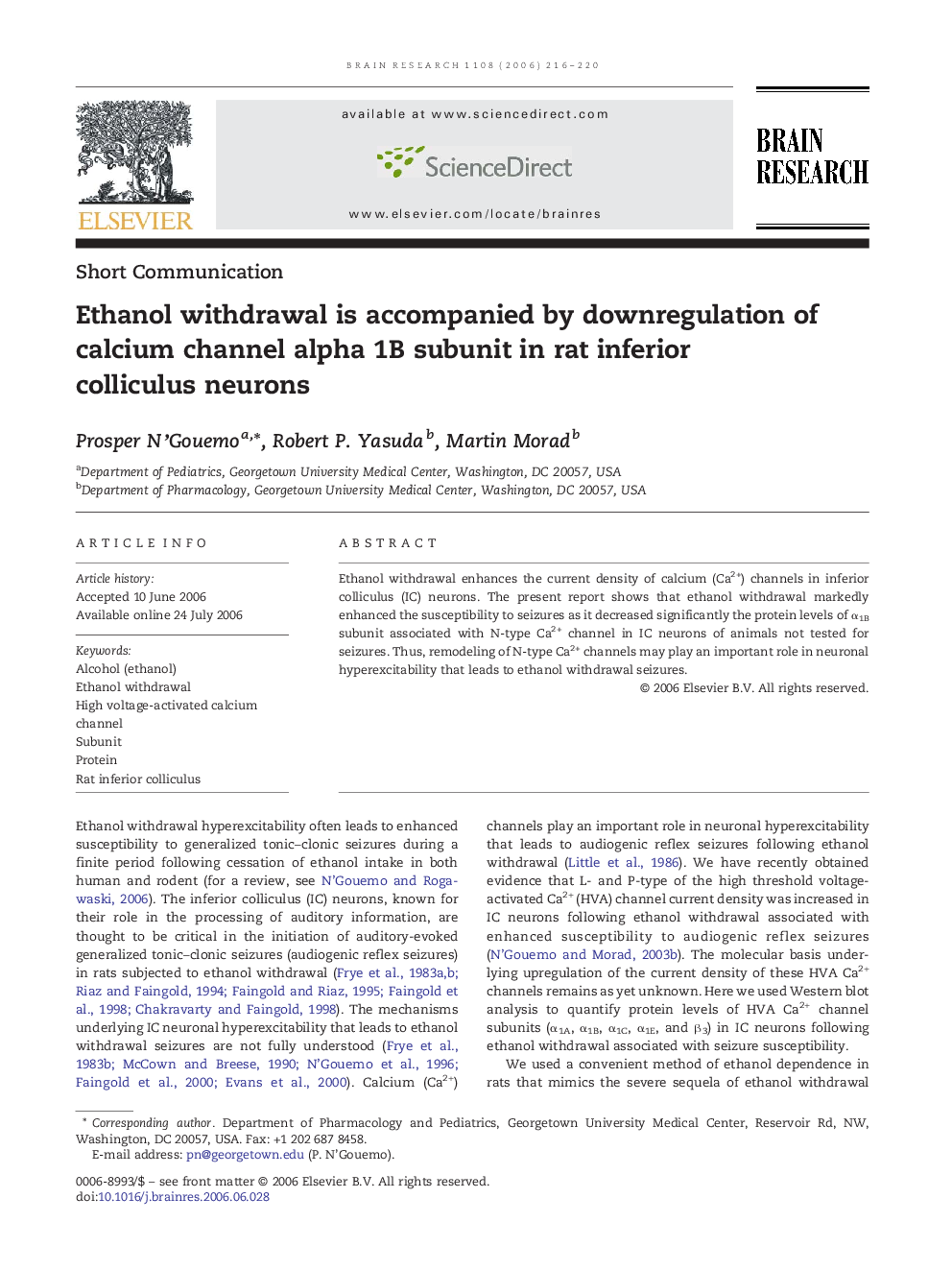 Ethanol withdrawal is accompanied by downregulation of calcium channel alpha 1B subunit in rat inferior colliculus neurons