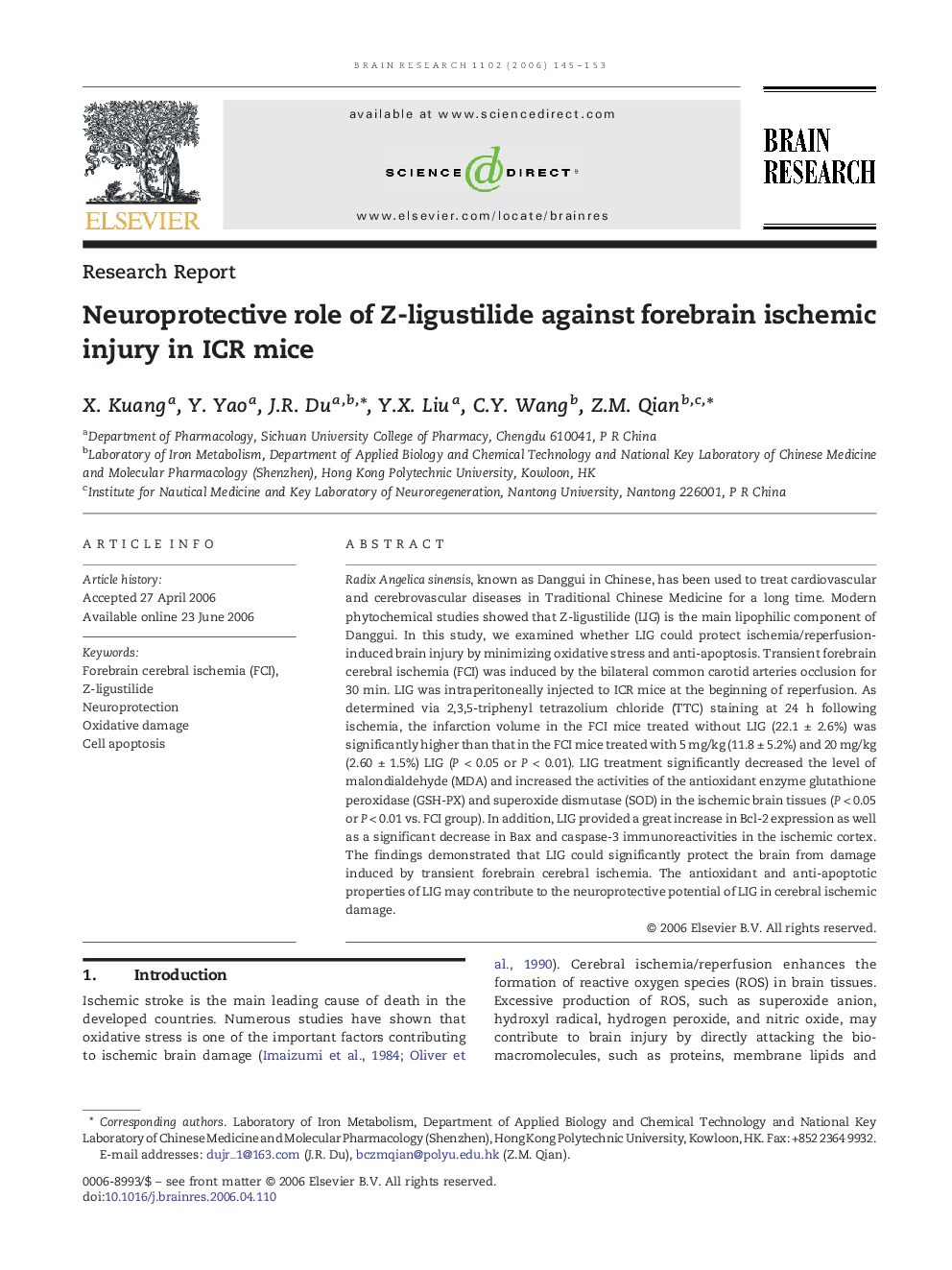 Neuroprotective role of Z-ligustilide against forebrain ischemic injury in ICR mice