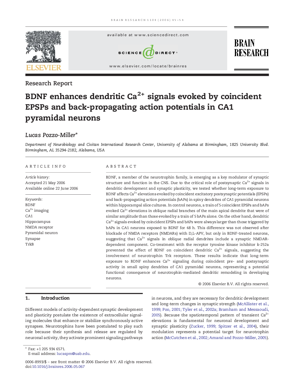 BDNF enhances dendritic Ca2+ signals evoked by coincident EPSPs and back-propagating action potentials in CA1 pyramidal neurons