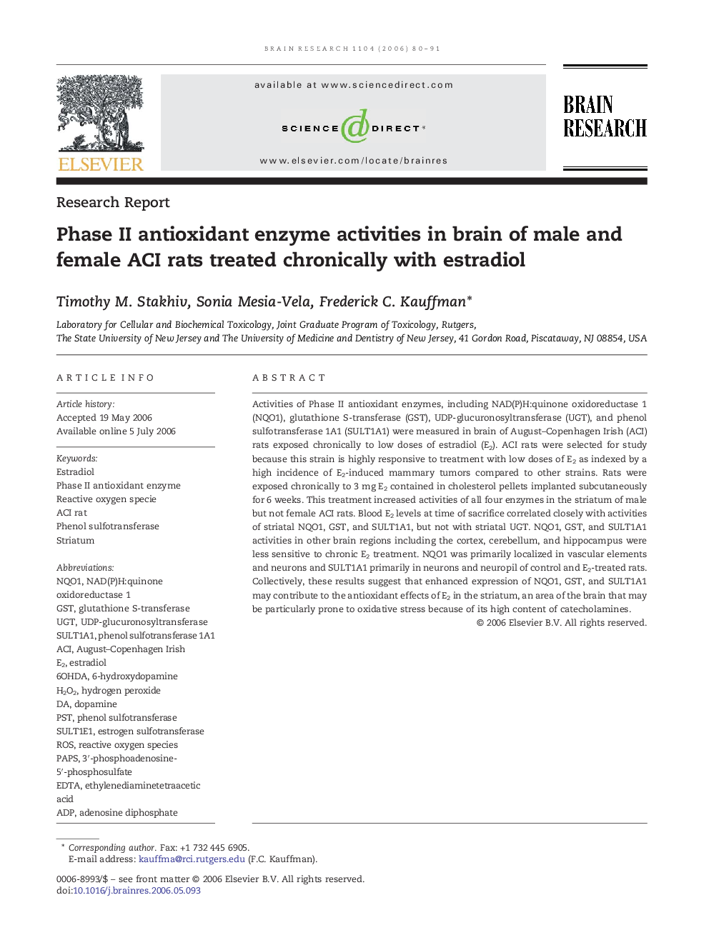 Phase II antioxidant enzyme activities in brain of male and female ACI rats treated chronically with estradiol