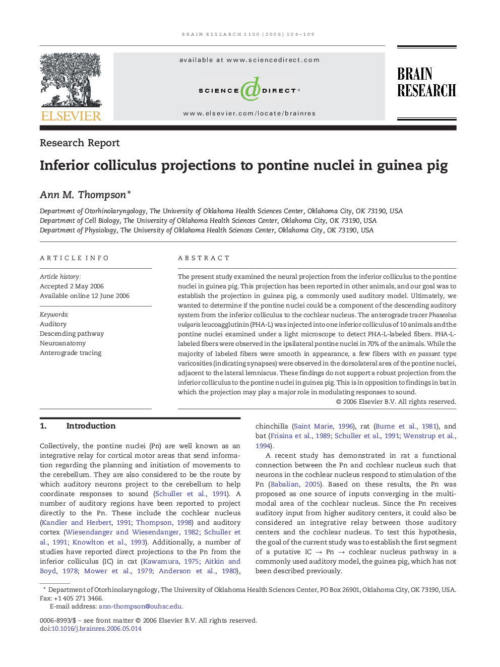 Inferior colliculus projections to pontine nuclei in guinea pig