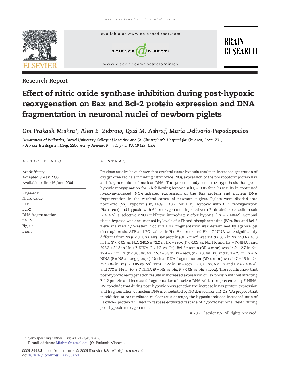 Effect of nitric oxide synthase inhibition during post-hypoxic reoxygenation on Bax and Bcl-2 protein expression and DNA fragmentation in neuronal nuclei of newborn piglets