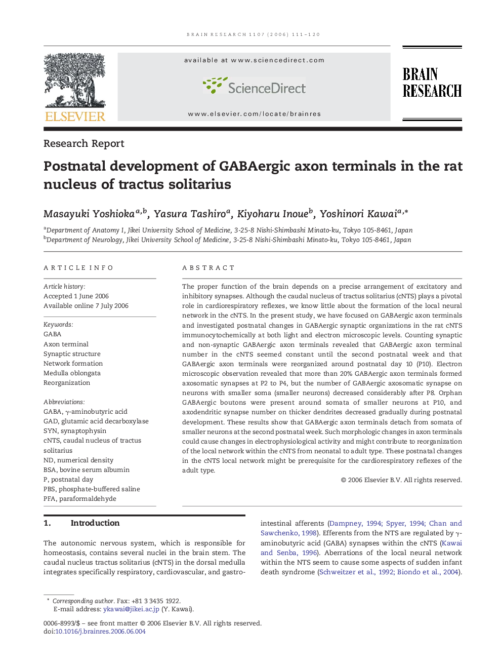 Postnatal development of GABAergic axon terminals in the rat nucleus of tractus solitarius