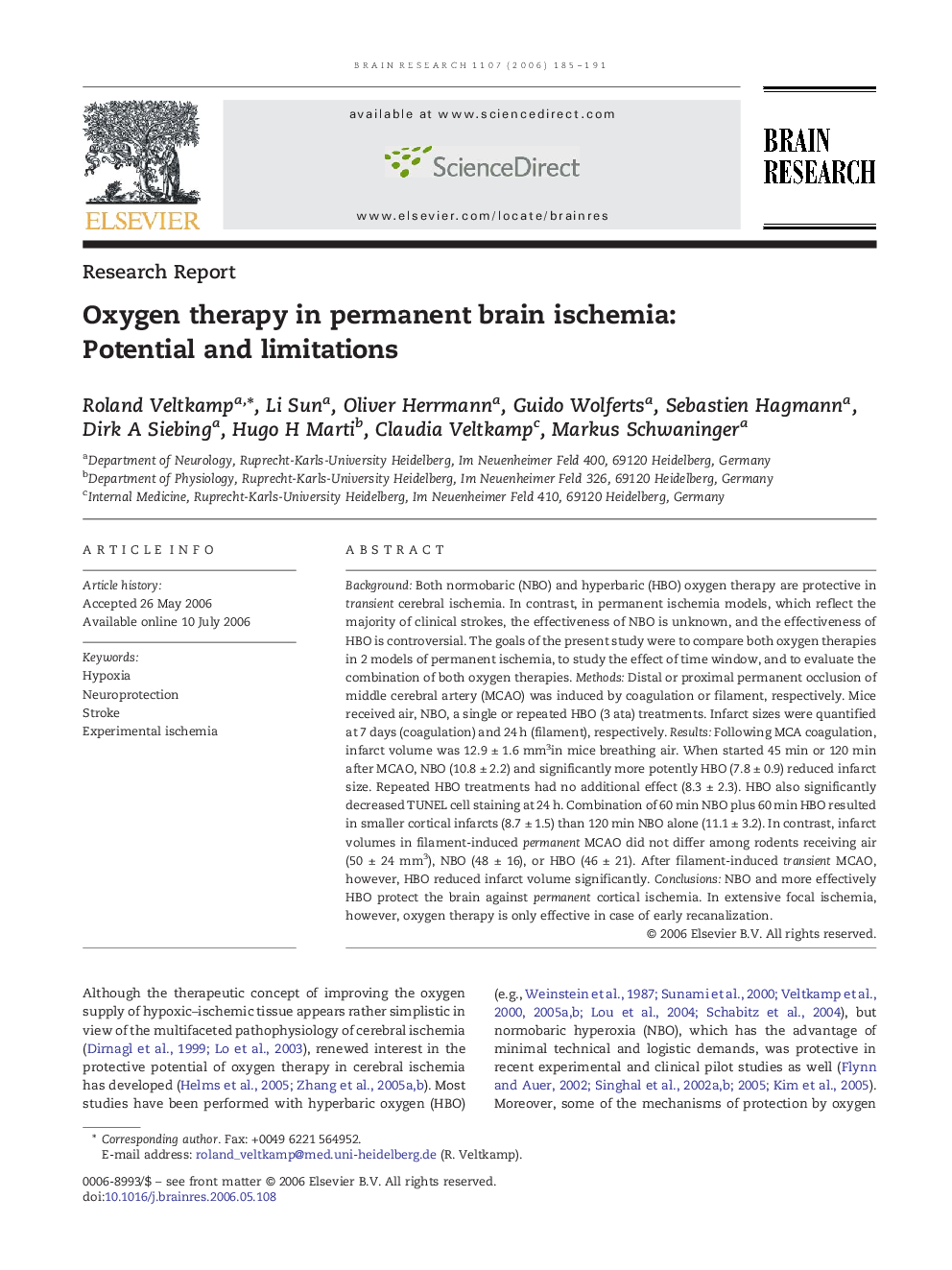 Oxygen therapy in permanent brain ischemia: Potential and limitations