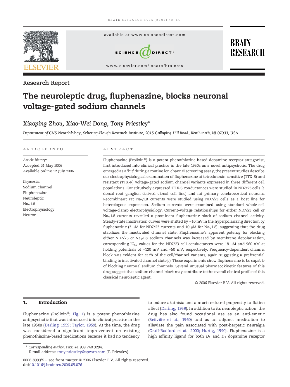 The neuroleptic drug, fluphenazine, blocks neuronal voltage-gated sodium channels