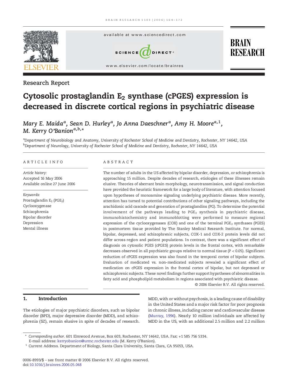 Cytosolic prostaglandin E2 synthase (cPGES) expression is decreased in discrete cortical regions in psychiatric disease