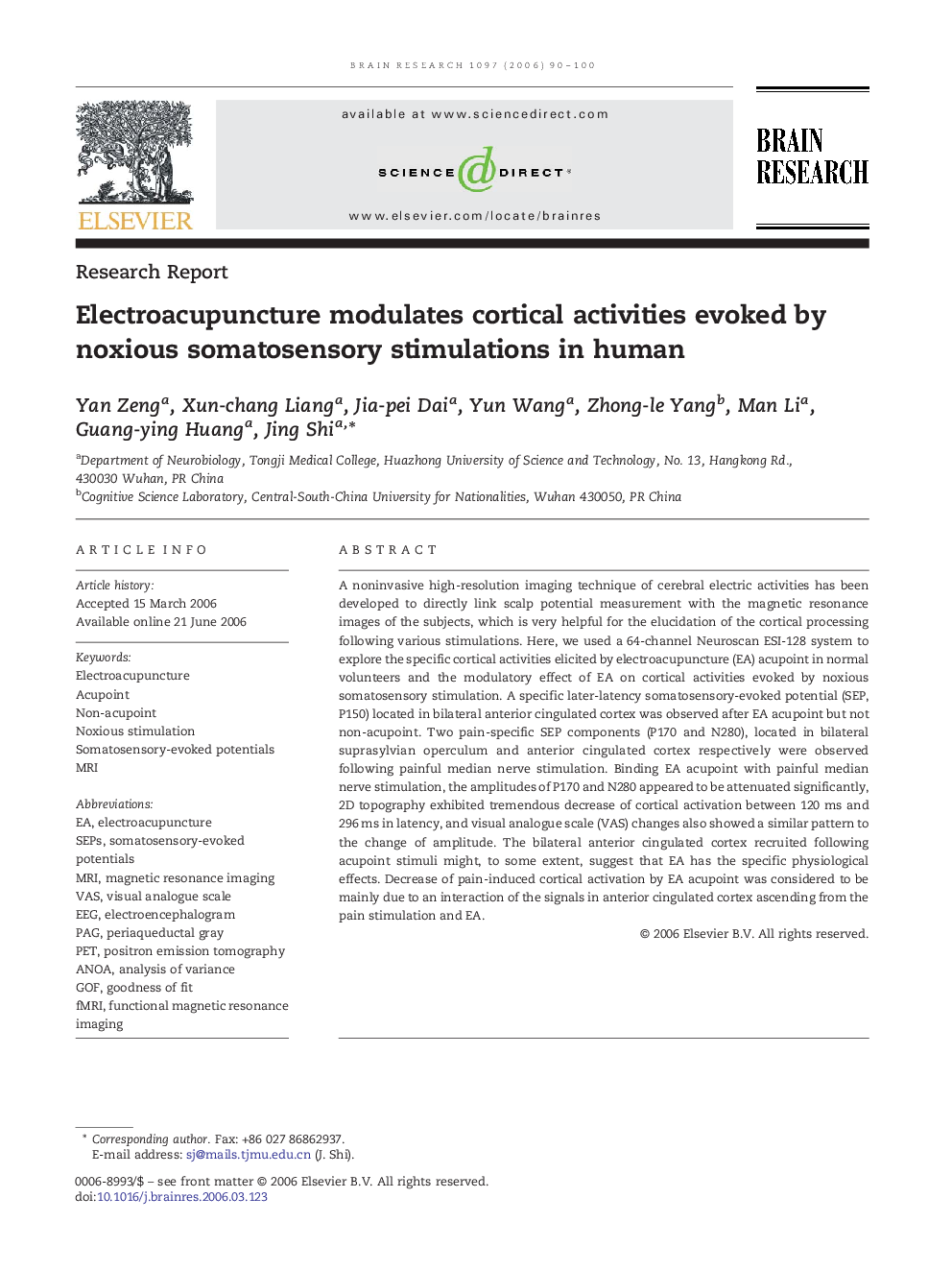 Electroacupuncture modulates cortical activities evoked by noxious somatosensory stimulations in human