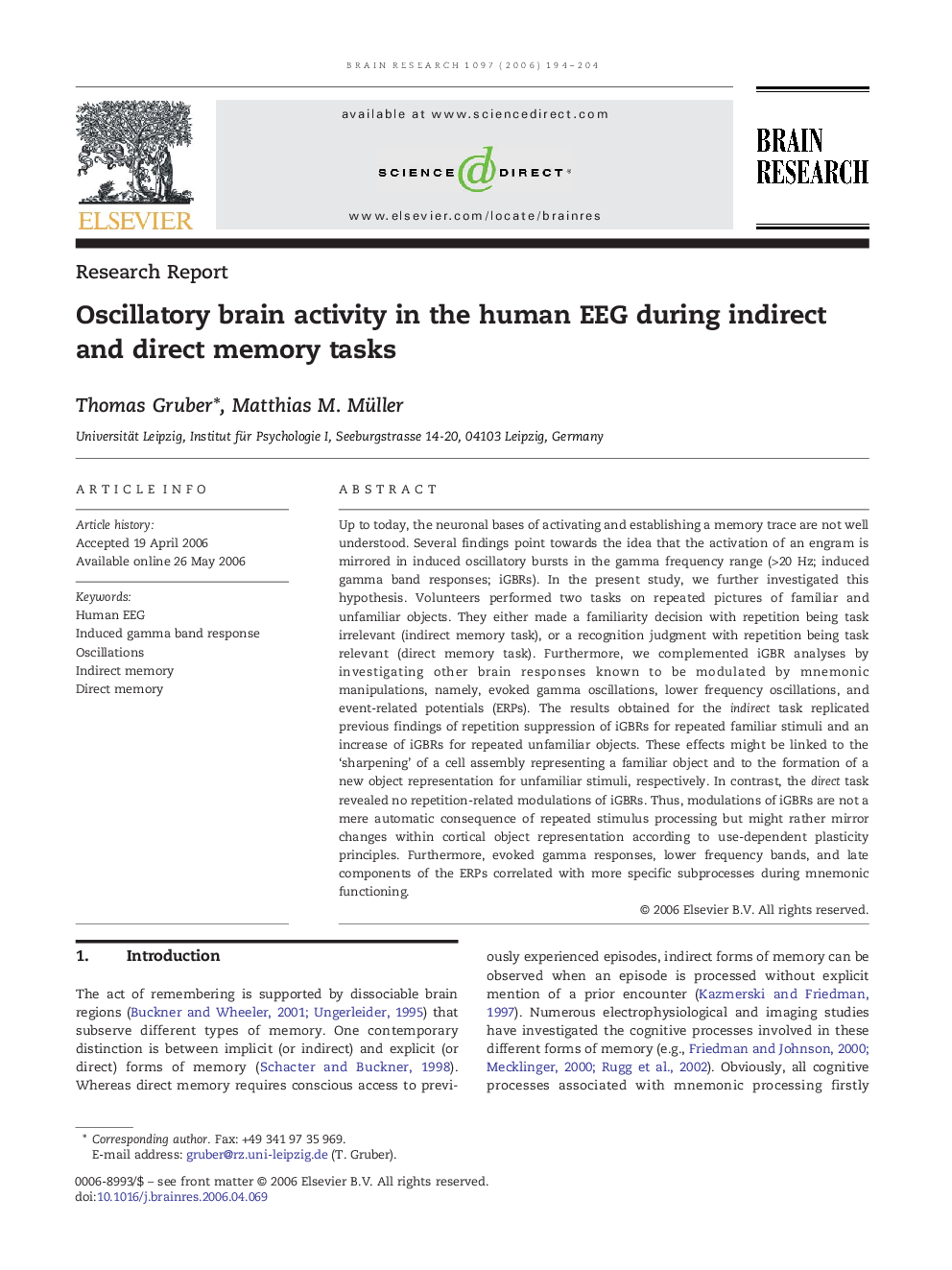 Oscillatory brain activity in the human EEG during indirect and direct memory tasks