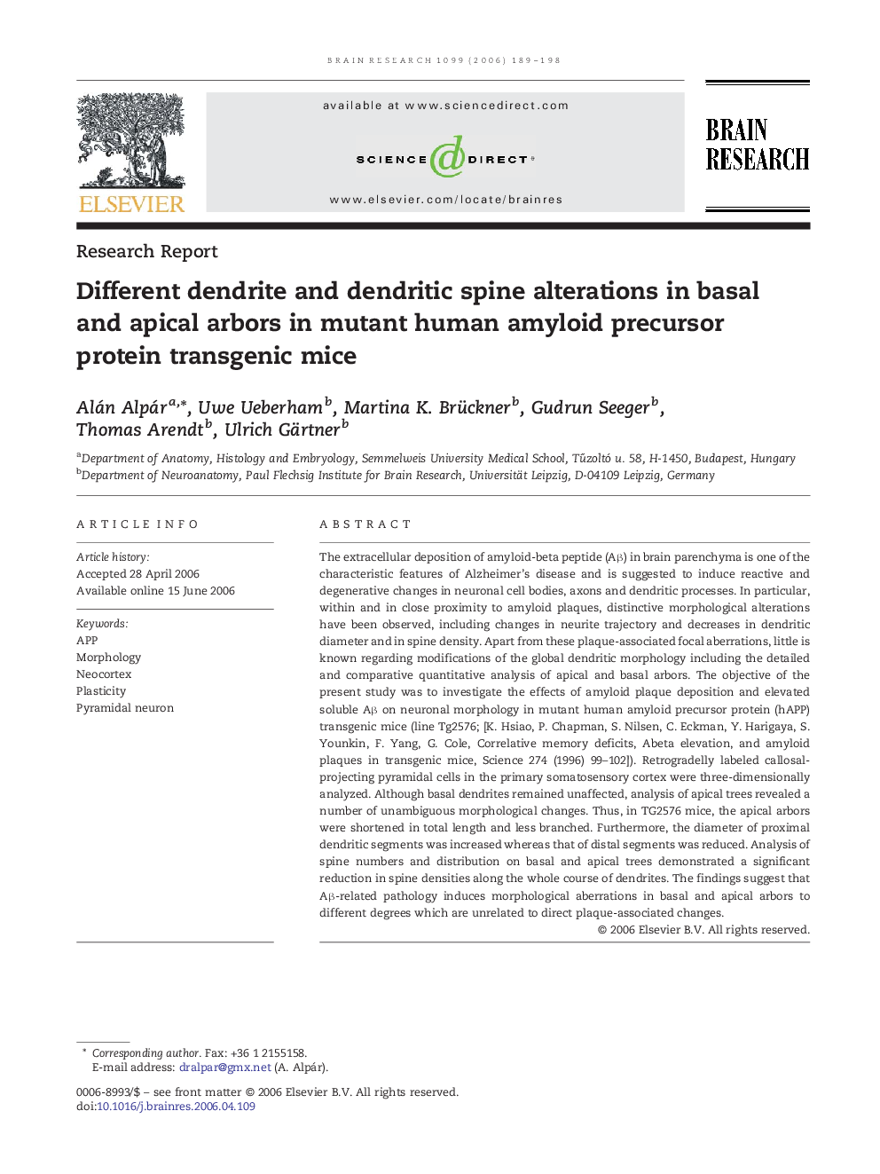 Different dendrite and dendritic spine alterations in basal and apical arbors in mutant human amyloid precursor protein transgenic mice