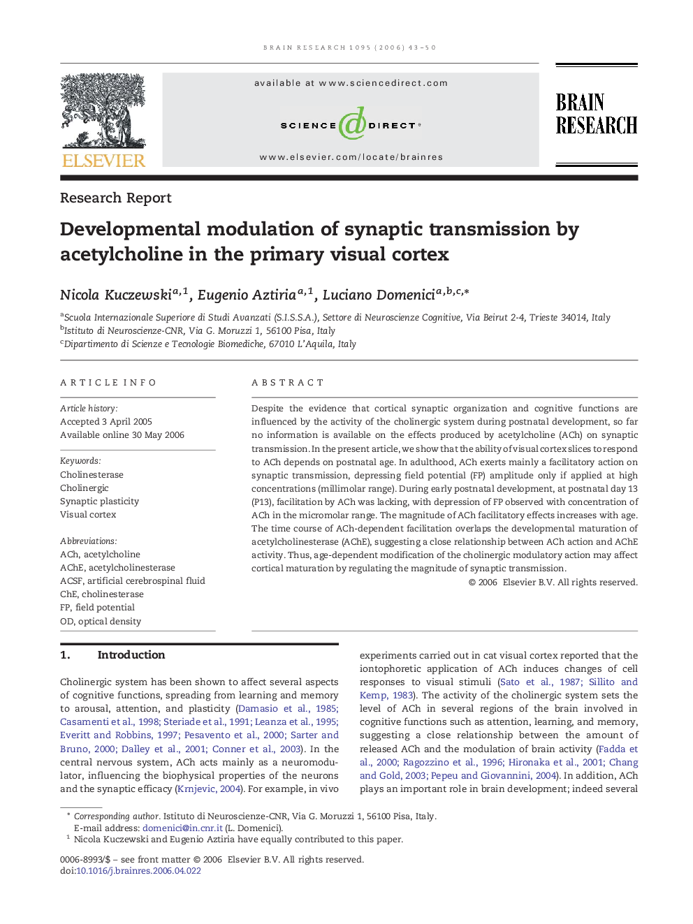 Developmental modulation of synaptic transmission by acetylcholine in the primary visual cortex