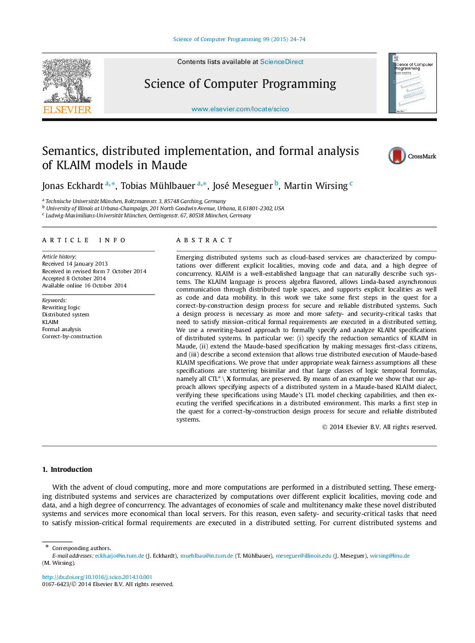 Semantics, distributed implementation, and formal analysis of KLAIM models in Maude