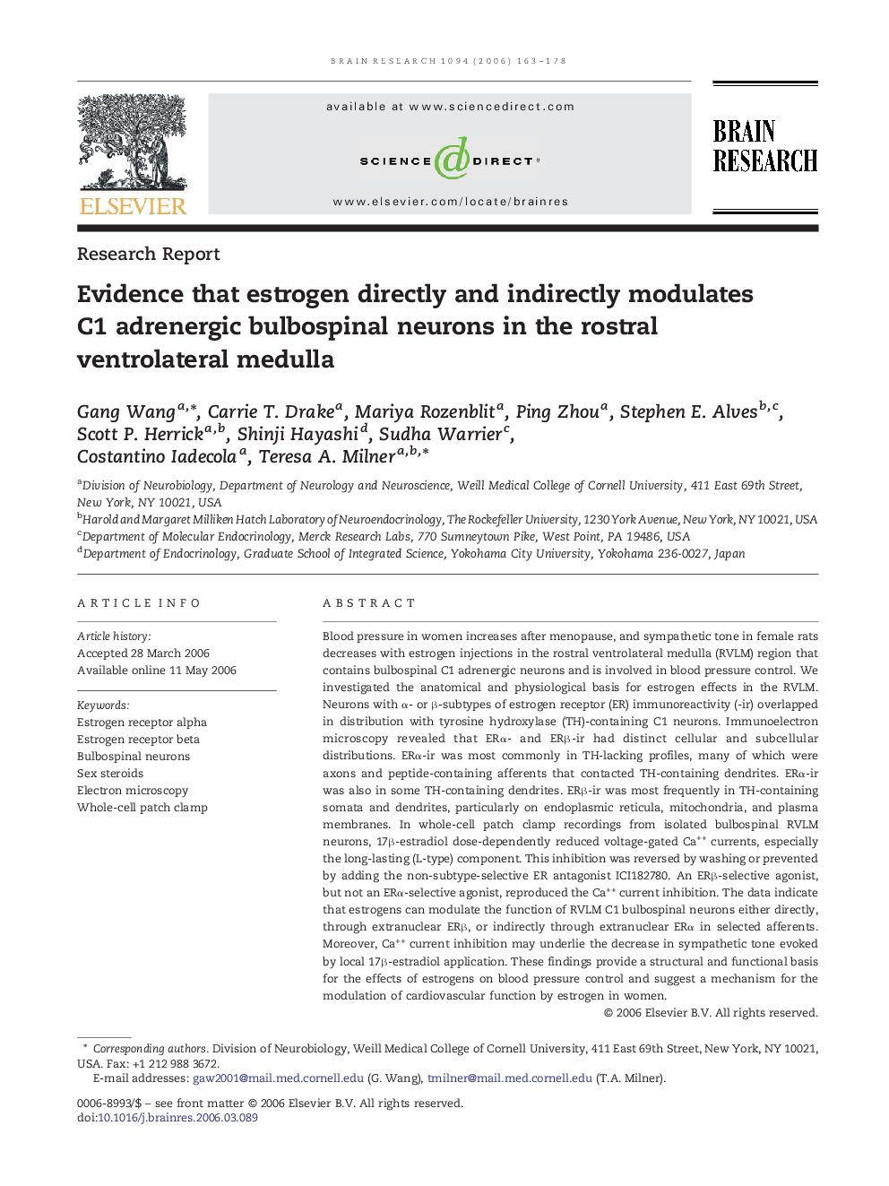 Evidence that estrogen directly and indirectly modulates C1 adrenergic bulbospinal neurons in the rostral ventrolateral medulla