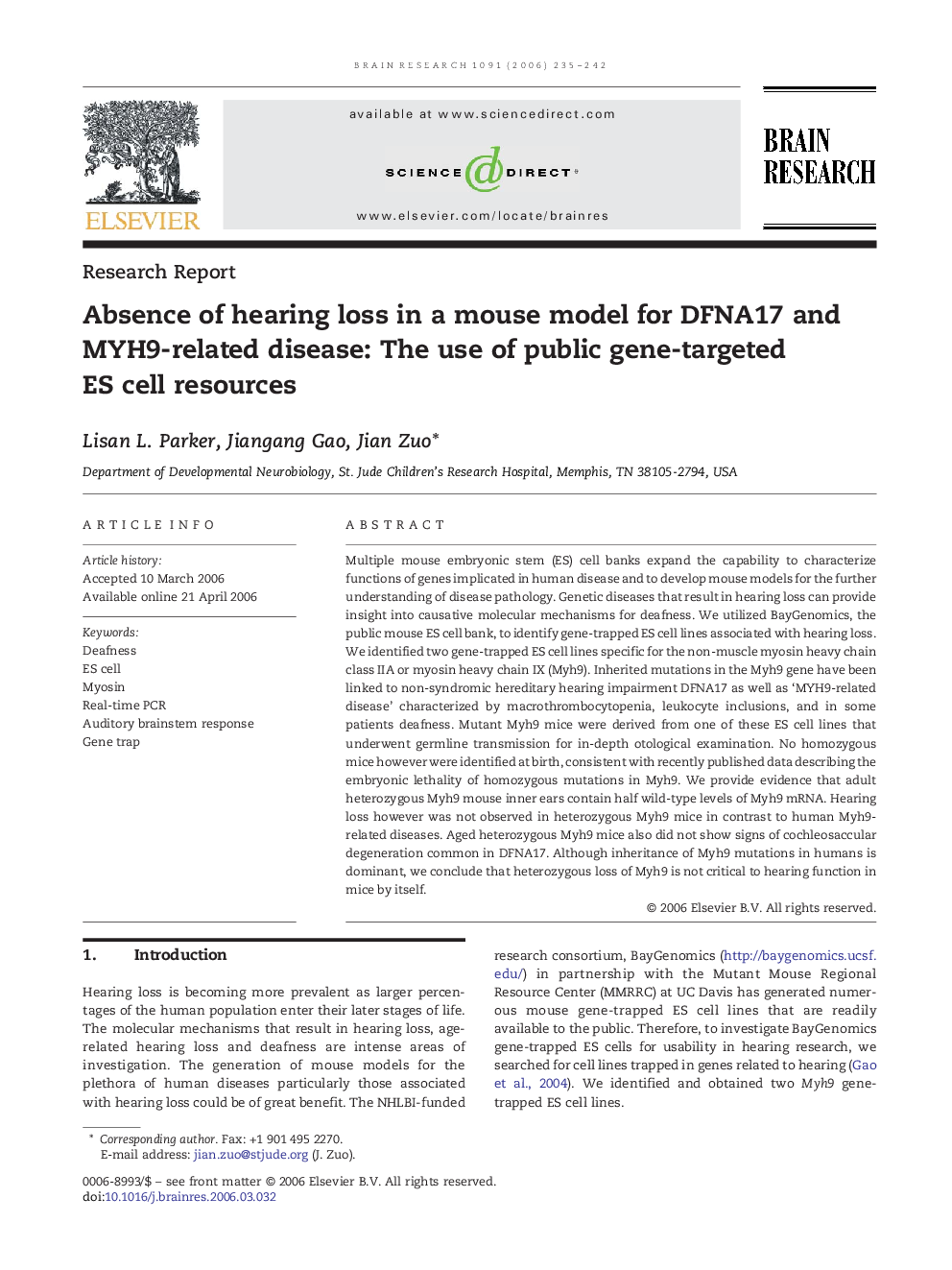 Absence of hearing loss in a mouse model for DFNA17 and MYH9-related disease: The use of public gene-targeted ES cell resources