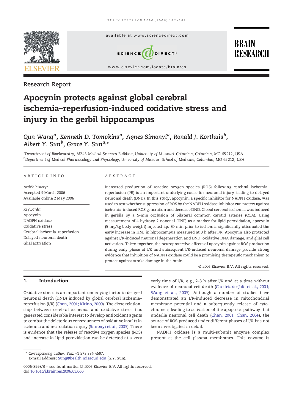 Apocynin protects against global cerebral ischemia–reperfusion-induced oxidative stress and injury in the gerbil hippocampus