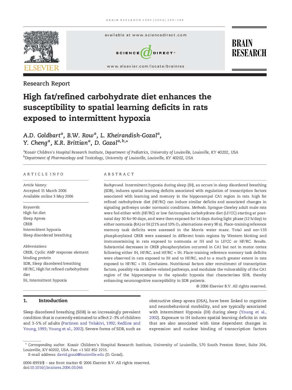 High fat/refined carbohydrate diet enhances the susceptibility to spatial learning deficits in rats exposed to intermittent hypoxia